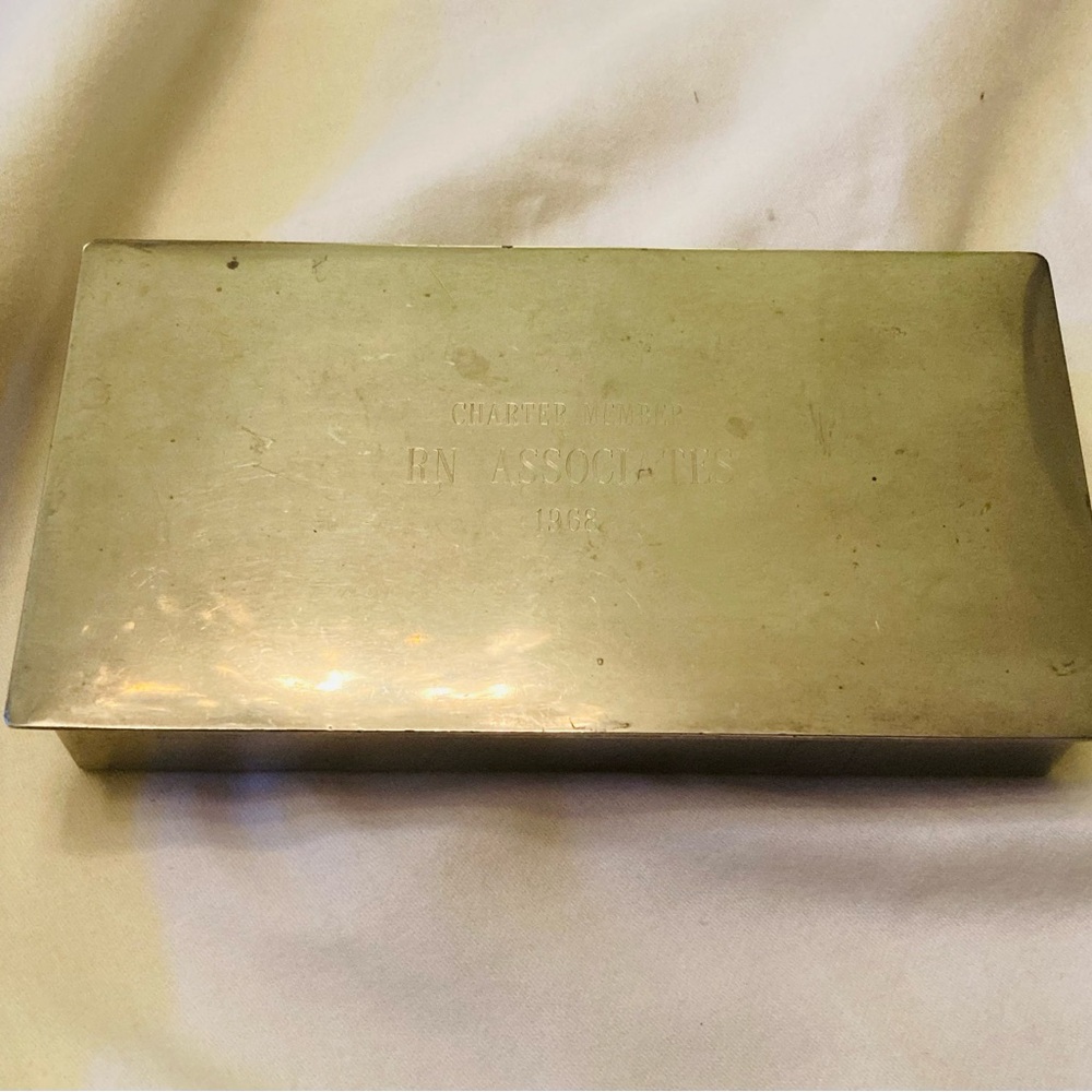 Vintage Steiff Pewter box,wood lined & engraved “Charter Member RN Assoc”1965
